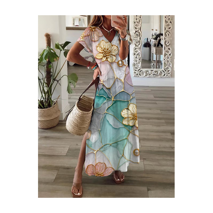 Women Floral Short Sleeve Summer Printing Dress V Neck Daily Casual Maxi T-Shirt Dress X-Line Dress