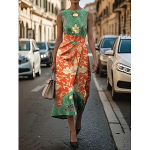 Women Floral Sleeveless Summer Printing Dress Crew Neck Daily Vintage Maxi Shift Dress H-Line Dress