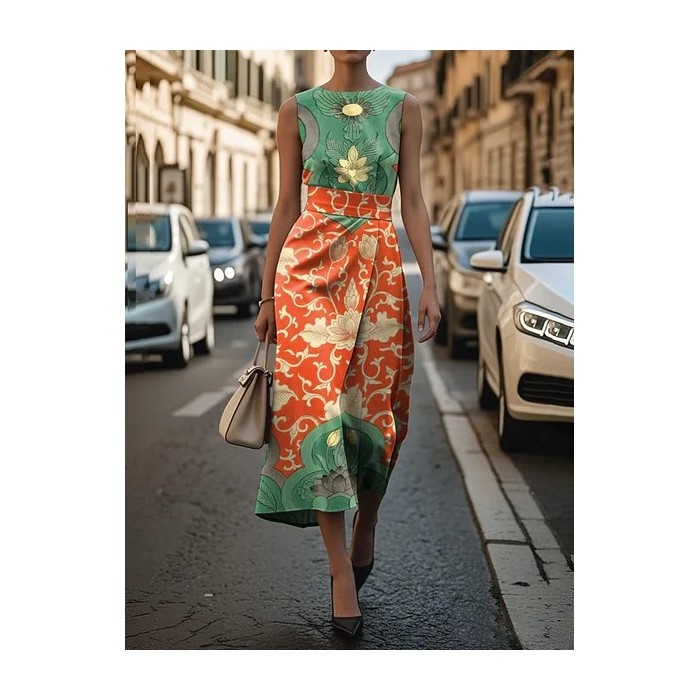 Women Floral Sleeveless Summer Printing Dress Crew Neck Daily Vintage Maxi Shift Dress H-Line Dress