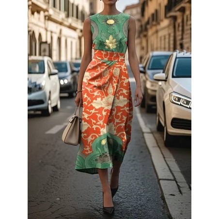 Women Floral Sleeveless Summer Printing Dress Crew Neck Daily Vintage Maxi Shift Dress H-Line Dress