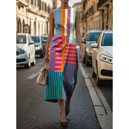 Women Striped Sleeveless Summer Printing Dress Crew Neck Daily Vintage Maxi Shift Dress H-Line Dress