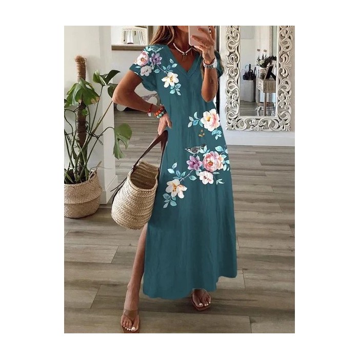Women Floral Short Sleeve Summer Printing Dress V Neck Daily Casual Maxi T-Shirt Dress X-Line Dress