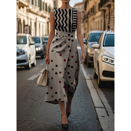 Women Geometric Sleeveless Summer Printing Dress Crew Neck Daily Vintage Maxi Shift Dress H-Line Dress