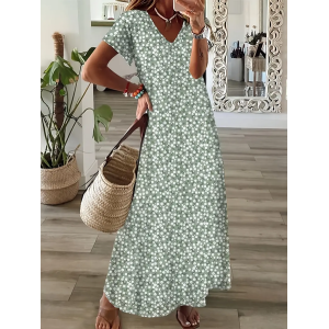 Women Floral Short Sleeve Summer Printing Dress V Neck Daily Casual Maxi T-Shirt Dress X-Line Dress