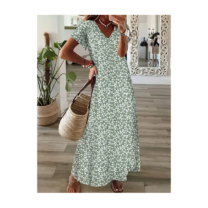 Women Floral Short Sleeve Summer Printing Dress V Neck Daily Casual Maxi T-Shirt Dress X-Line Dress