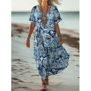 Women Paisley Short Sleeve Summer Dress V Neck Daily Vintage Maxi A-Line Dress