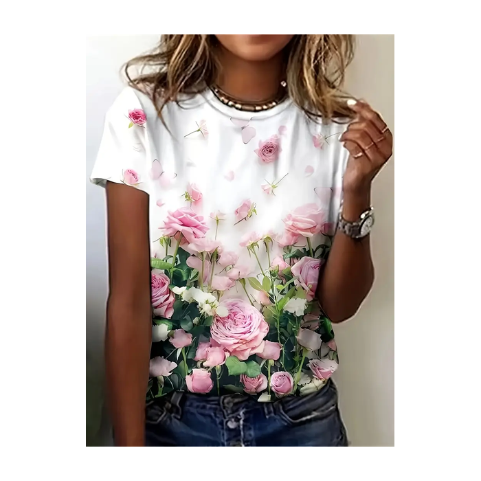Women Floral Short Sleeve Tee T-shirt Crew Neck Printing Casual Summer Graphic Tee Top