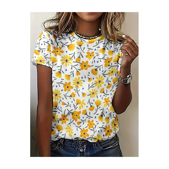 Women Floral Short Sleeve Tee T-shirt Crew Neck Printing Casual Summer Graphic Tee Top