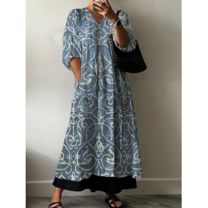 Women Floral Half Sleeve Summer Printing Dress V Neck Daily Casual Maxi A-Line Dress