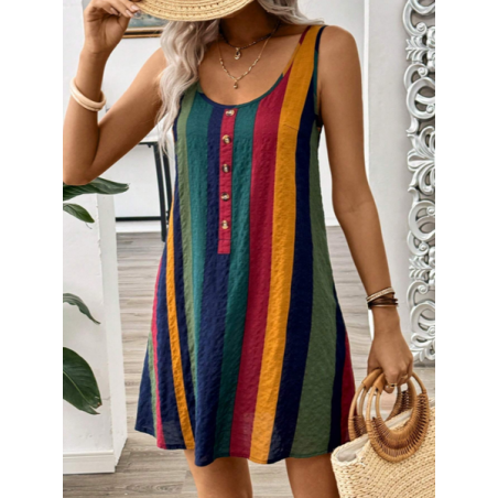 Women Striped Sleeveless Summer Printing Dress Crew Neck Daily Casual Midi Tank X-Line Dress