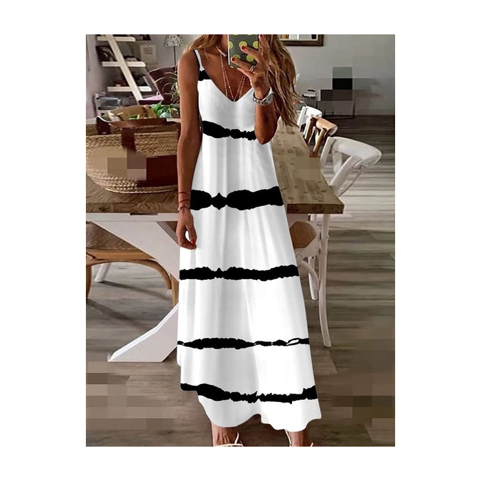 Women Striped Sleeveless Summer Printing Dress V Neck Daily Casual Maxi Slip Dress X-Line Dress