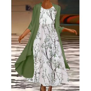 Women Floral Printing Two-Piece Set Daily Three Quarter Sleeve Casual Spring/Fall Dress With Coat Matching Set