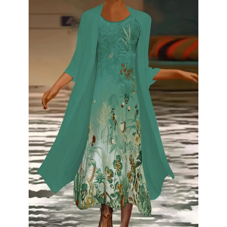 Women Floral Printing Two-Piece Set Daily Three Quarter Sleeve Casual Spring/Fall Dress With Coat Matching Set