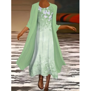 Women Floral Printing Two-Piece Set Daily Three Quarter Sleeve Casual Spring/Fall Dress With Coat Matching Set