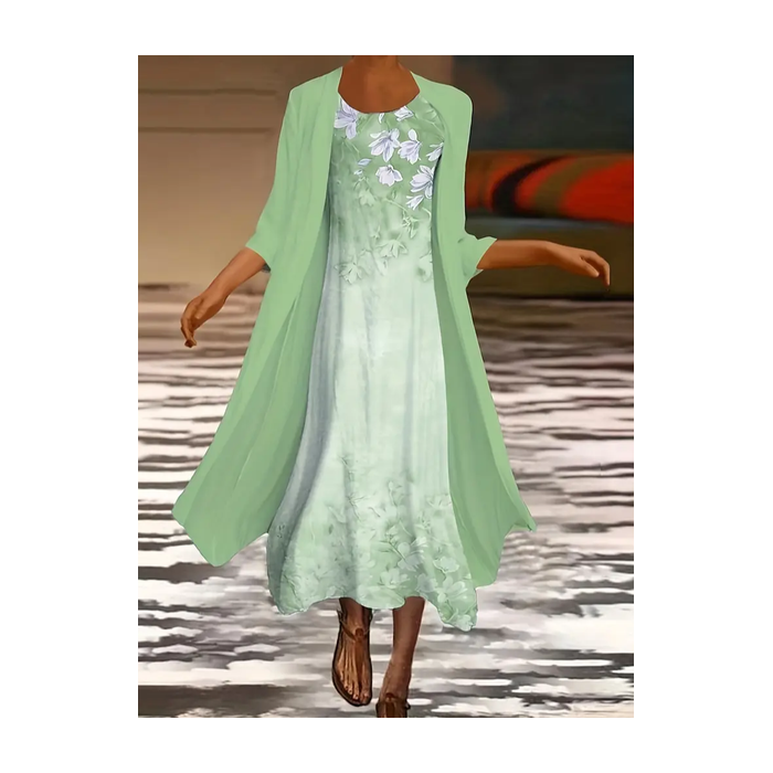 Women Floral Printing Two-Piece Set Daily Three Quarter Sleeve Casual Spring/Fall Dress With Coat Matching Set