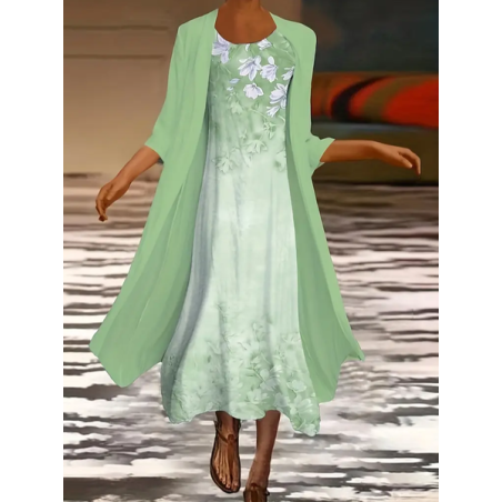 Women Floral Printing Two-Piece Set Daily Three Quarter Sleeve Casual Spring/Fall Dress With Coat Matching Set