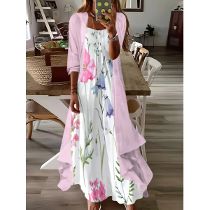 Women Floral Printing Two-Piece Set Daily Three Quarter Sleeve Casual Spring/Fall Dress With Coat Matching Set