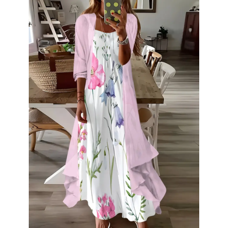 Women Floral Printing Two-Piece Set Daily Three Quarter Sleeve Casual Spring/Fall Dress With Coat Matching Set