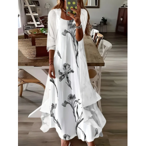 Women Floral Printing Two-Piece Set Daily Three Quarter Sleeve Casual Spring/Fall Dress With Coat Matching Set