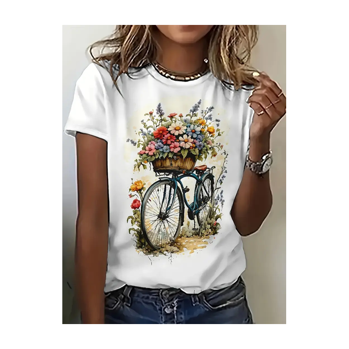 Women Floral Short Sleeve Tee T-shirt Crew Neck Printing Casual Summer Top