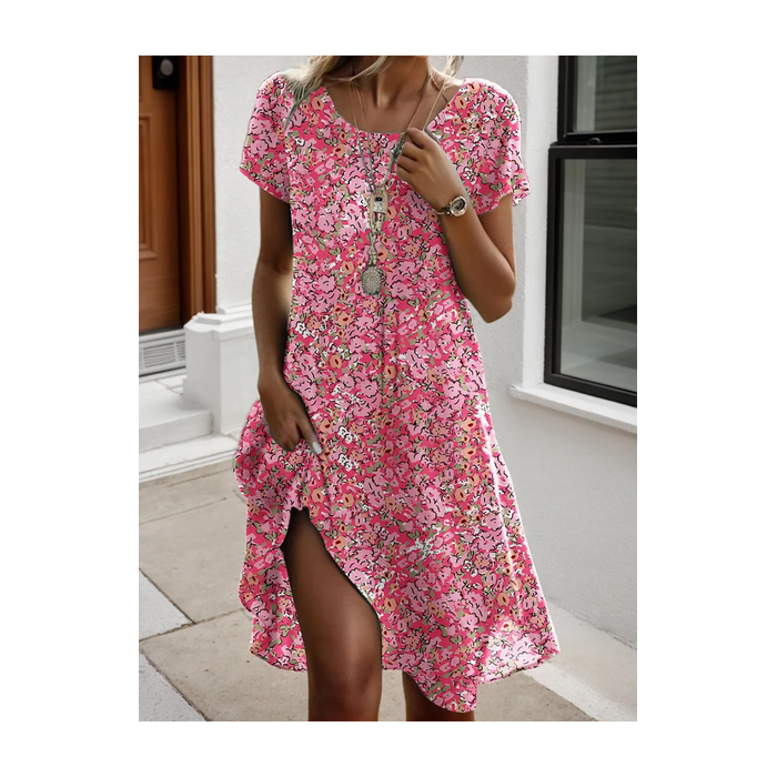 Women Floral Short Sleeve Summer Printing Dress Crew Neck Daily Casual Midi T-Shirt Dress H-Line Dress