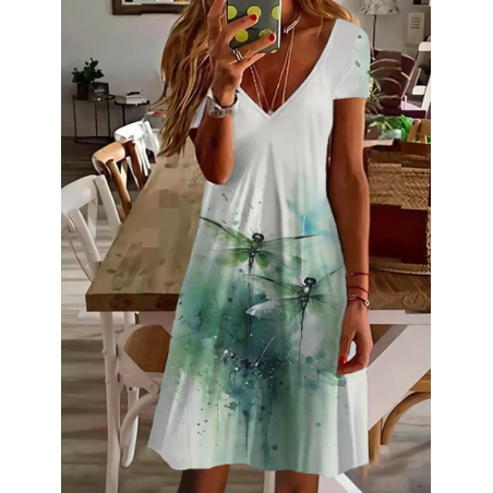 Women Dragonfly Short Sleeve Summer Printing Dress V Neck Daily Casual Midi Fit & Flare Dress A-Line Dress