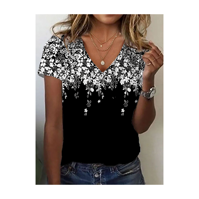 Women Floral Short Sleeve Tee T-shirt V Neck Printing Casual Summer Graphic Tee Top