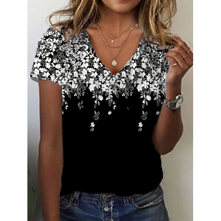 Women Floral Short Sleeve Tee T-shirt V Neck Printing Casual Summer Graphic Tee Top
