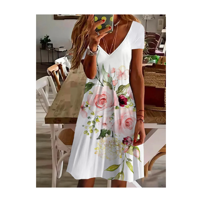 Women Floral Short Sleeve Summer Printing Dress V Neck Daily Casual Midi Fit & Flare Dress A-Line Dress