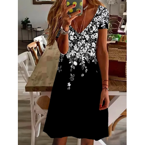 Women Floral Short Sleeve Summer Printing Dress V Neck Daily Casual Midi Fit & Flare Dress A-Line Dress