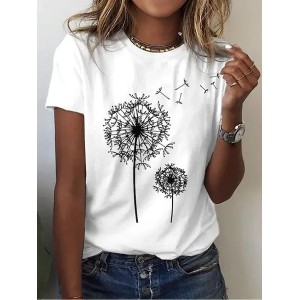 Women Floral Short Sleeve Tee T-shirt Crew Neck Printing Casual Summer Graphic Tee Top