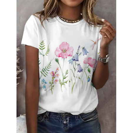 Women Floral Short Sleeve Tee T-shirt Crew Neck Printing Casual Summer Graphic Tee Top
