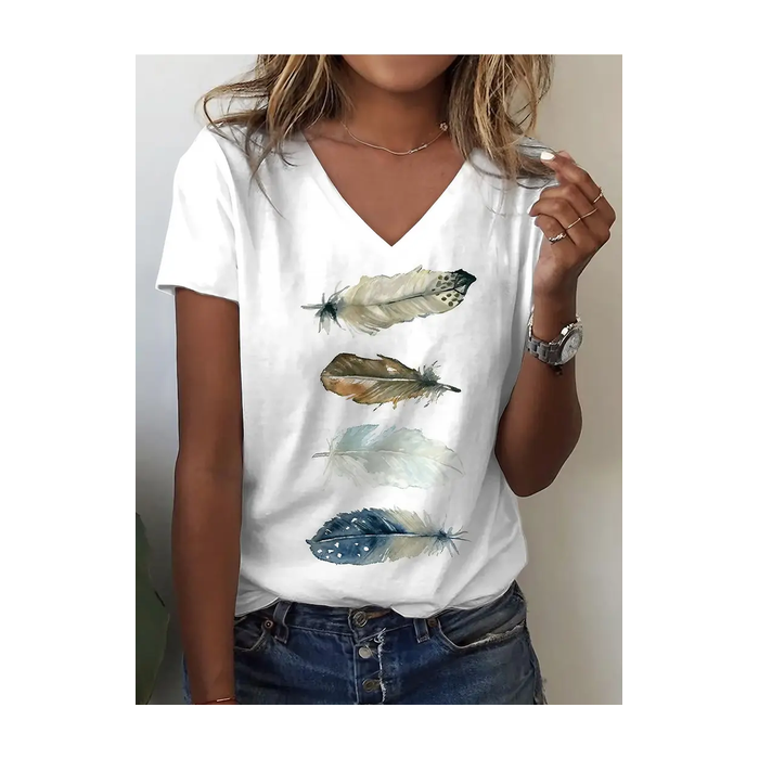 Women Feather Short Sleeve Tee T-shirt V Neck Printing Casual Summer Graphic Tee Top