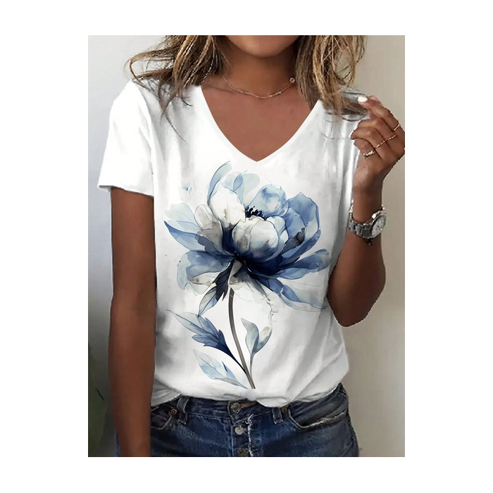Women Floral Short Sleeve Tee T-shirt V Neck Printing Casual Summer Graphic Tee Top