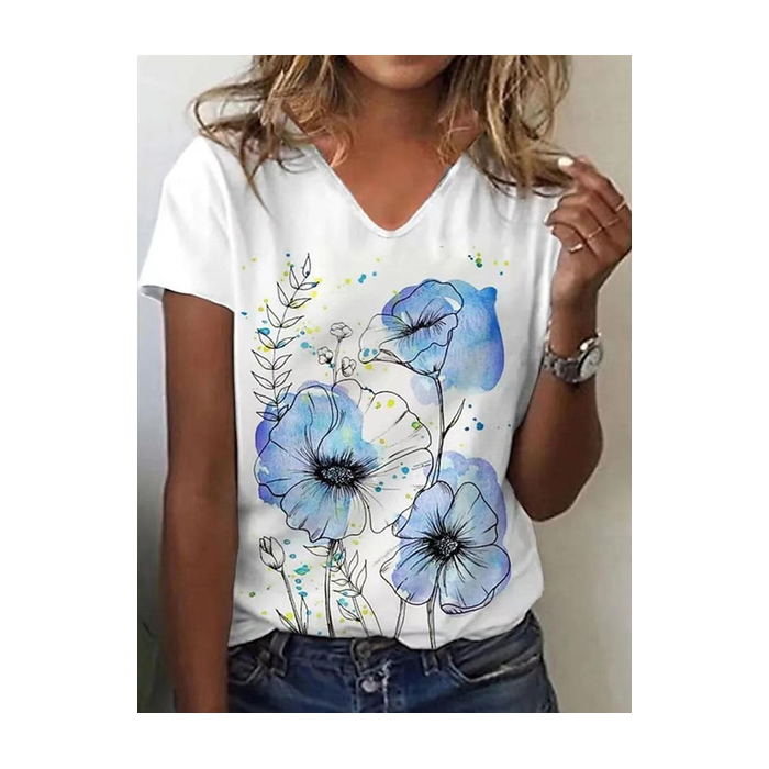 Women Floral Short Sleeve Tee T-shirt V Neck Printing Casual Summer Graphic Tee Top