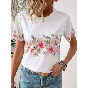 Women Floral Short Sleeve Tee T-shirt Crew Neck Printing Casual Summer Graphic Tee Top
