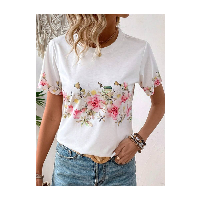 Women Floral Short Sleeve Tee T-shirt Crew Neck Printing Casual Summer Graphic Tee Top