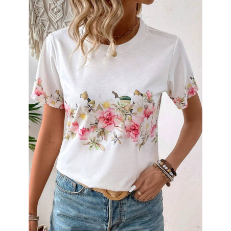 Women Floral Short Sleeve Tee T-shirt Crew Neck Printing Casual Summer Graphic Tee Top
