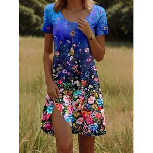 Women Floral Short Sleeve Summer Printing Dress Crew Neck Daily Casual Mini Tunic H-Line Dress
