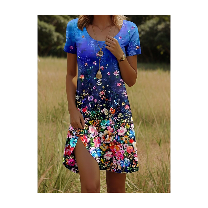 Women Floral Short Sleeve Summer Printing Dress Crew Neck Daily Casual Mini Tunic H-Line Dress