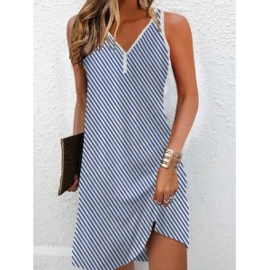 Women's Sleeveless Summer Striped Printing Dress Notched Daily Going Out Casual Mini Tank H-Line Dress