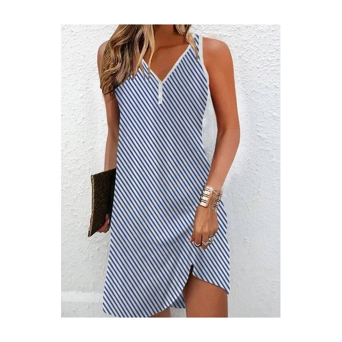 Women's Sleeveless Summer Striped Printing Dress Notched Daily Going Out Casual Mini Tank H-Line Dress