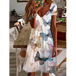 Women's Short Sleeve Summer Floral Printing Dress V Neck Daily Going Out Casual Knee Length T-Shirt Dress H-Line Dress