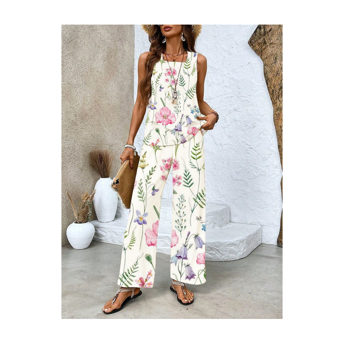 Women's Floral Printing Two-Piece Set Daily Sleeveless Casual Summer Top With Pants Matching Set