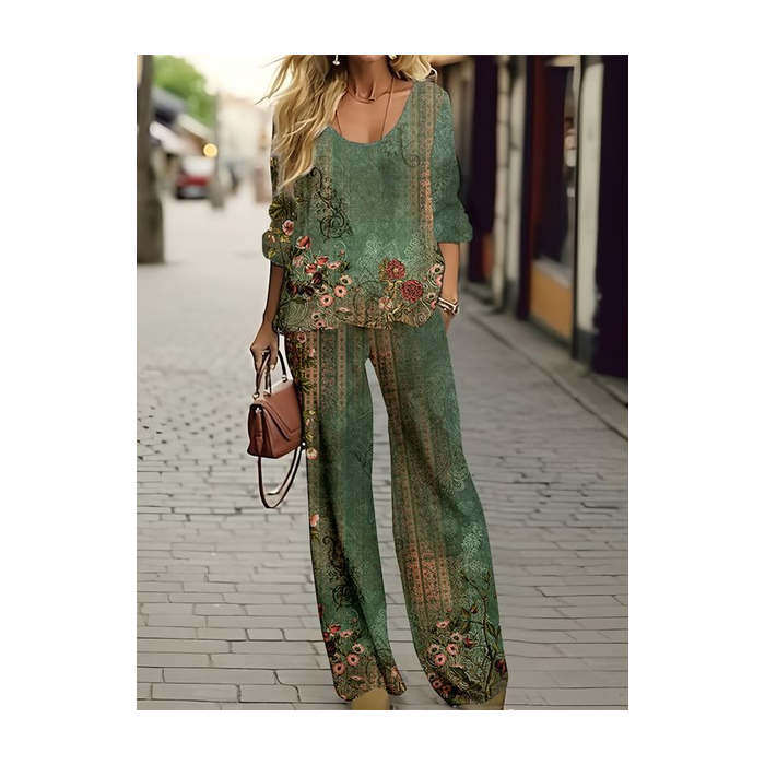 Women's Floral Printing Two-Piece Set Daily Long Sleeve Casual Spring/Fall Top With Pants Matching Set