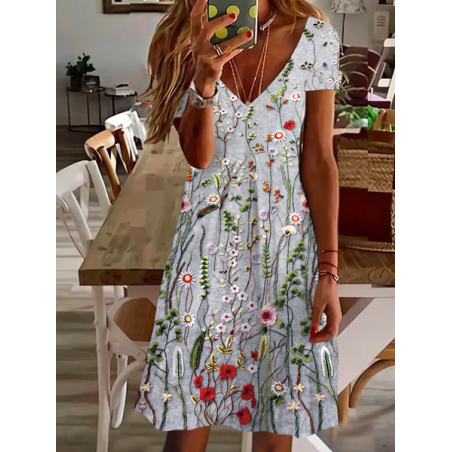Women's Floral Short Sleeve Summer Printing Dress V Neck Daily Casual Knee Length T-Shirt Dress H-Line Dress
