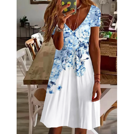 Women's Floral Short Sleeve Summer Printing Dress V Neck Daily Casual Knee Length T-Shirt Dress H-Line Dress