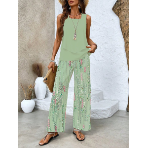 Women's Floral Printing Two-Piece Set Daily Sleeveless Casual Summer Top With Pants Matching Set