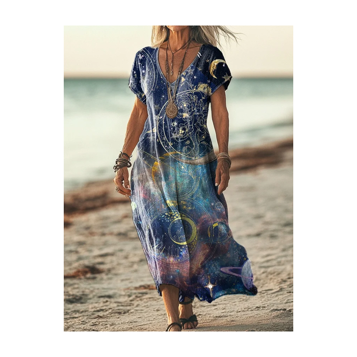 Women's Moon Short Sleeve Summer Printing Dress V Neck Daily Casual Maxi T-Shirt Dress H-Line Dress