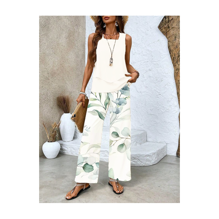 Women's Floral Printing Two-Piece Set Daily Sleeveless Casual Summer Top With Pants Matching Set